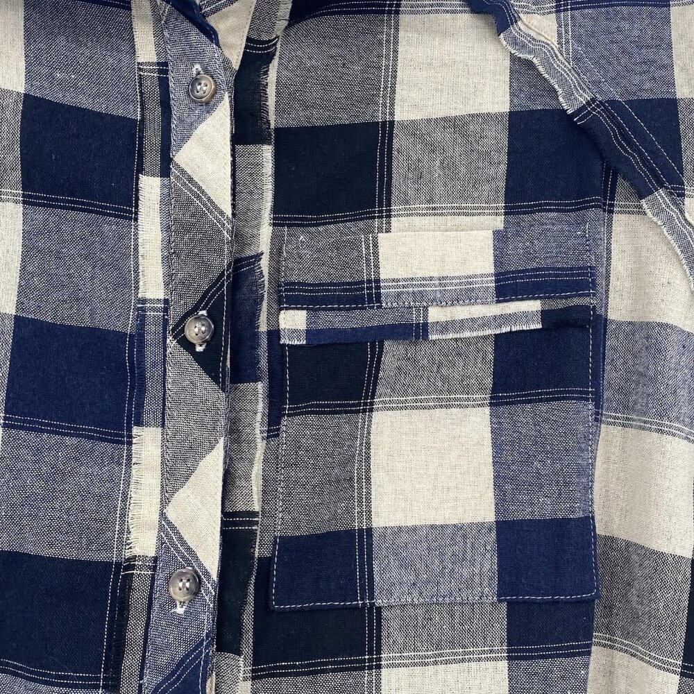 Easel Womens Small Plaid Frayed Oversized Shirt Beige Black Navy - Picture 6 of 10